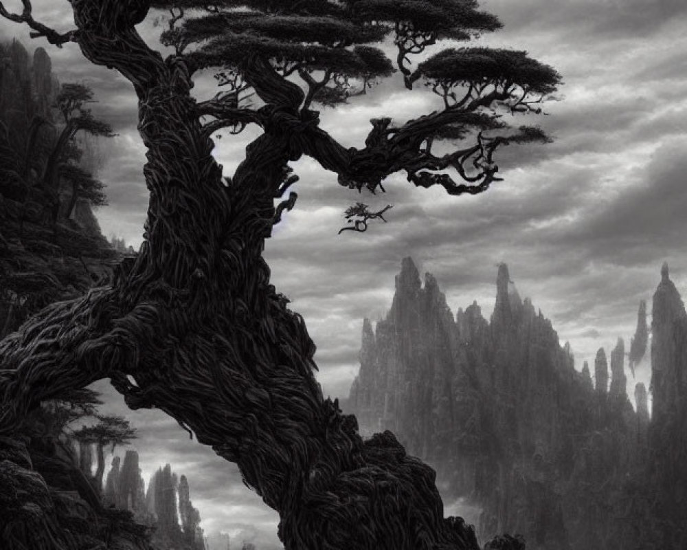 Ancient twisted tree overlooking misty landscape with rock formations