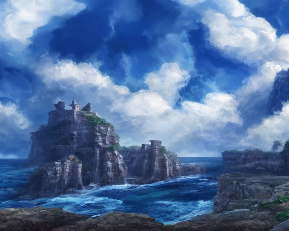 Majestic seascape with towering cliffs and ancient ruins under dramatic sky