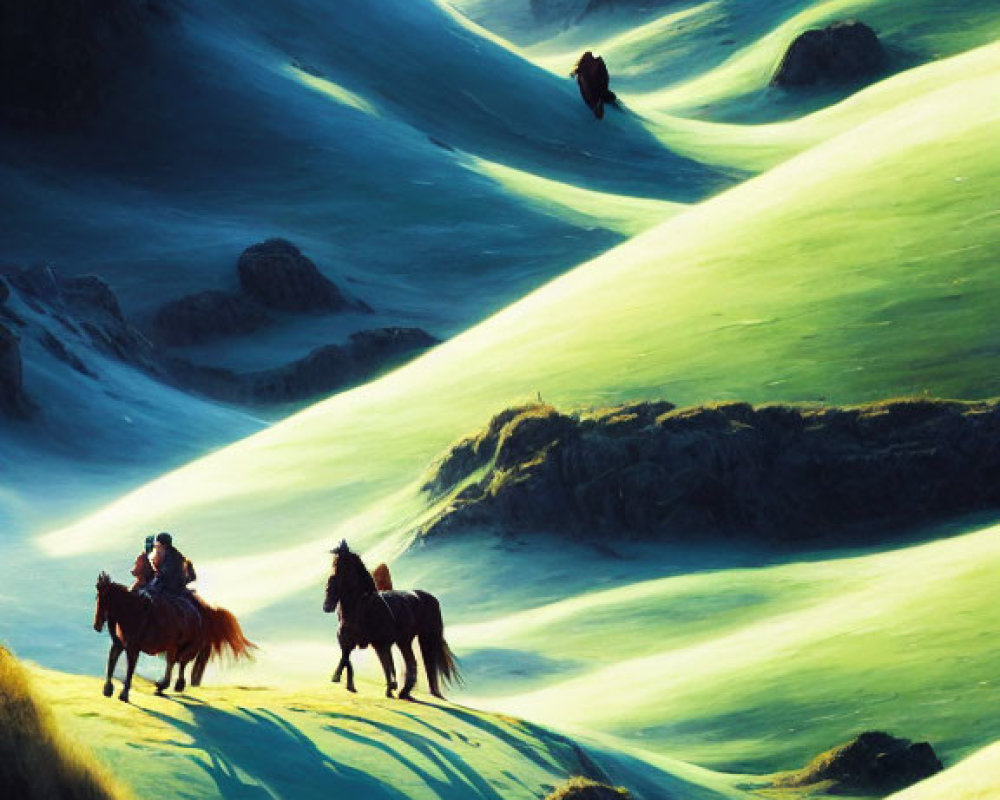 Three riders on horseback crossing golden-lit green hills