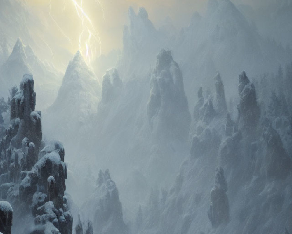 Snowy Mountain Landscape with Lightning in Dark Cloudy Skies
