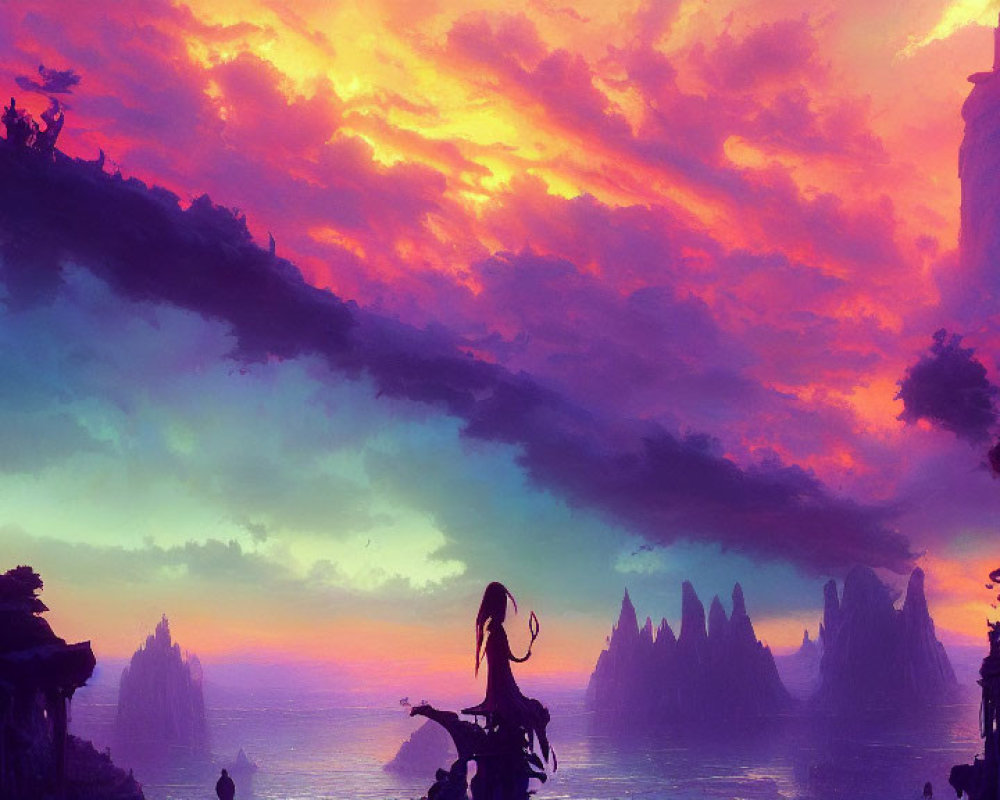 Silhouette on Cliff Overlooking Fantastical Landscape