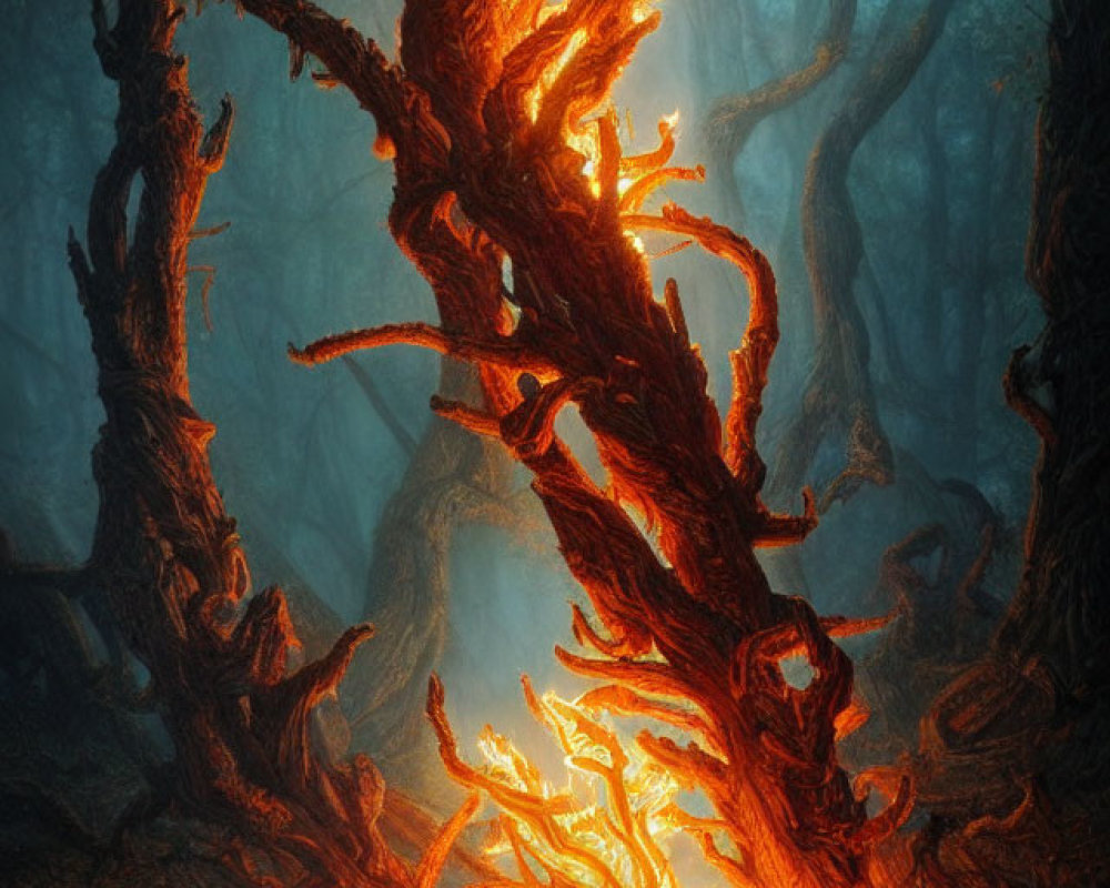 Ethereal forest scene with twisted trees and fiery glow
