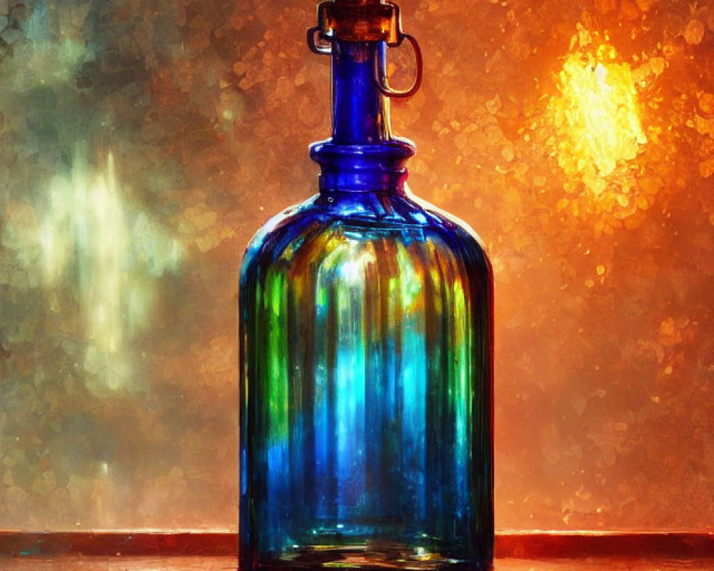 Iridescent glass bottle on wooden surface with light flares