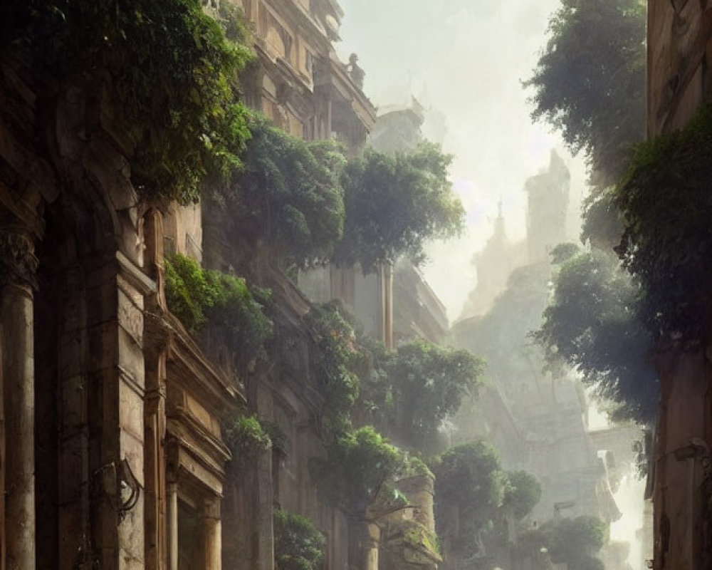 Sunlit ancient ruins reclaimed by nature with overgrown foliage and crumbling columns.