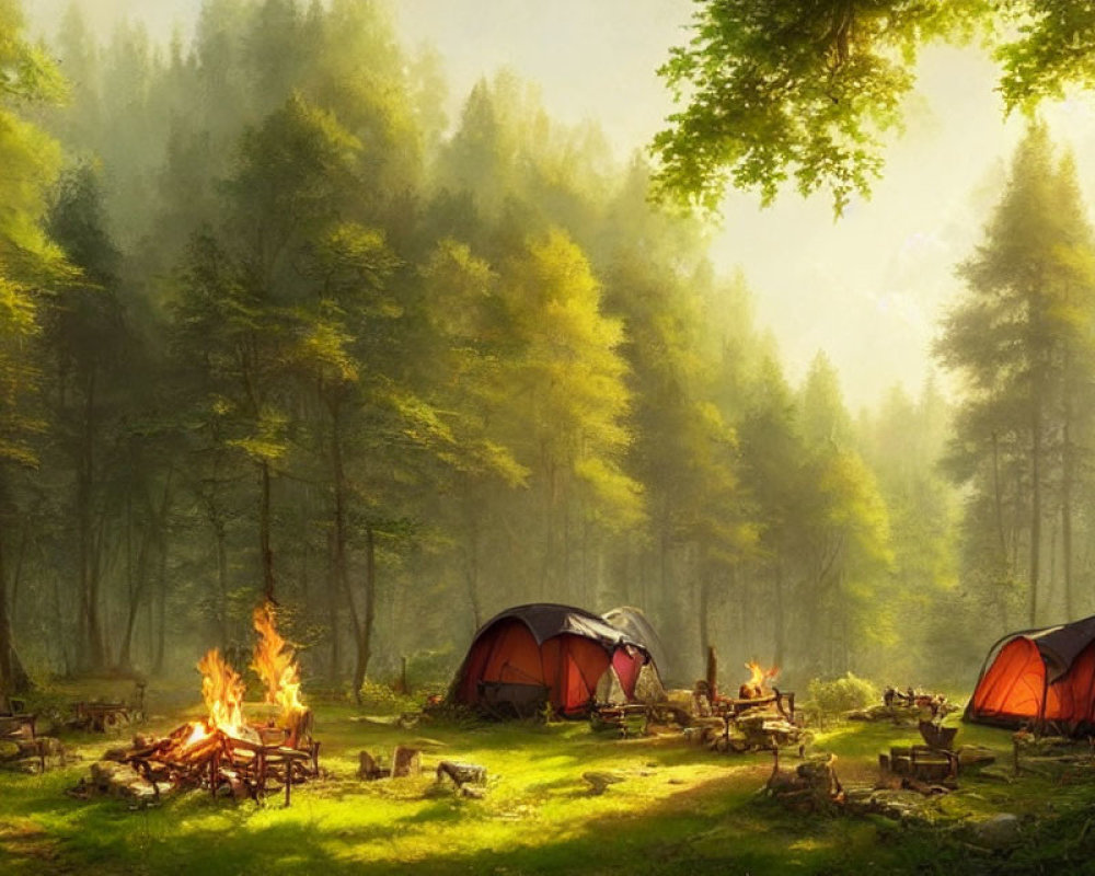 Tranquil Campsite with Tents and Campfire in Sunlit Forest