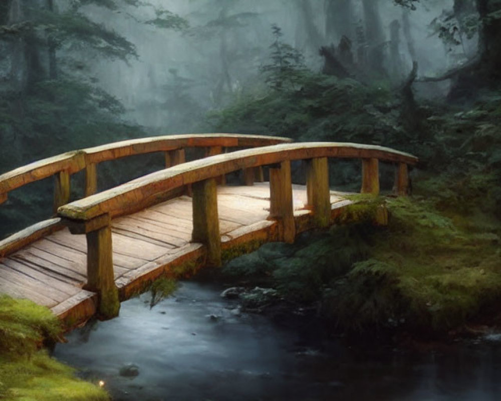 Foggy forest scene with wooden bridge over calm stream