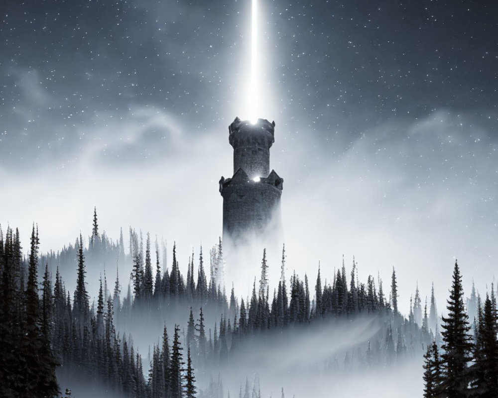 Medieval tower with bright beam in misty pine forest at twilight