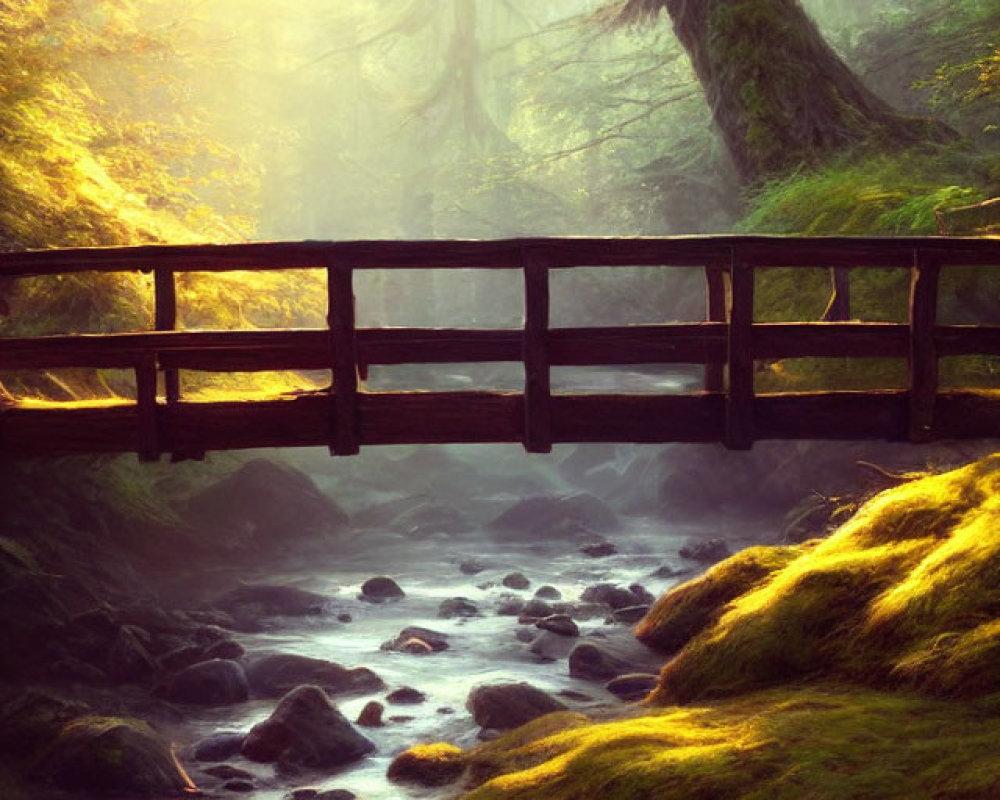 Misty forest scene: wooden bridge, rocky stream, moss-covered trees