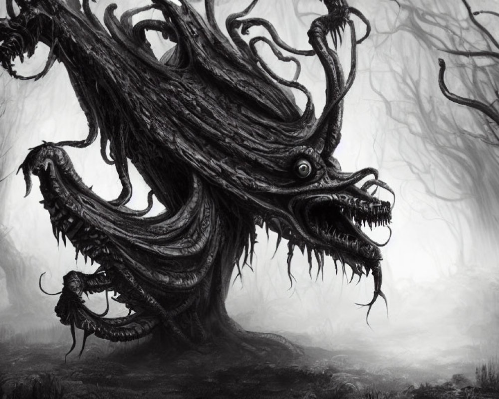 Monochrome illustration of tentacled creature in misty forest