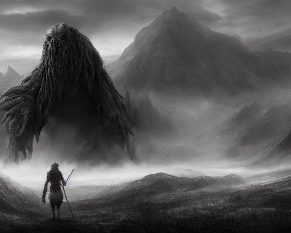Traveler Confronts Hirsute Creature in Misty Mountain Landscape