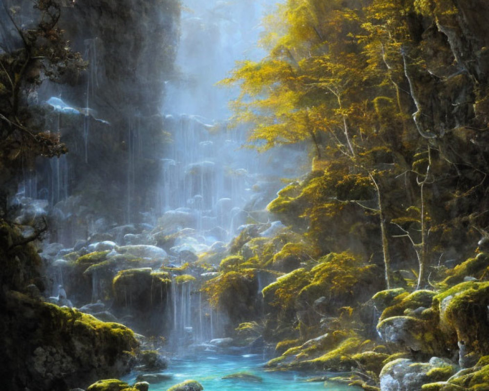 Tranquil waterfall in sunlit cavern with lush trees