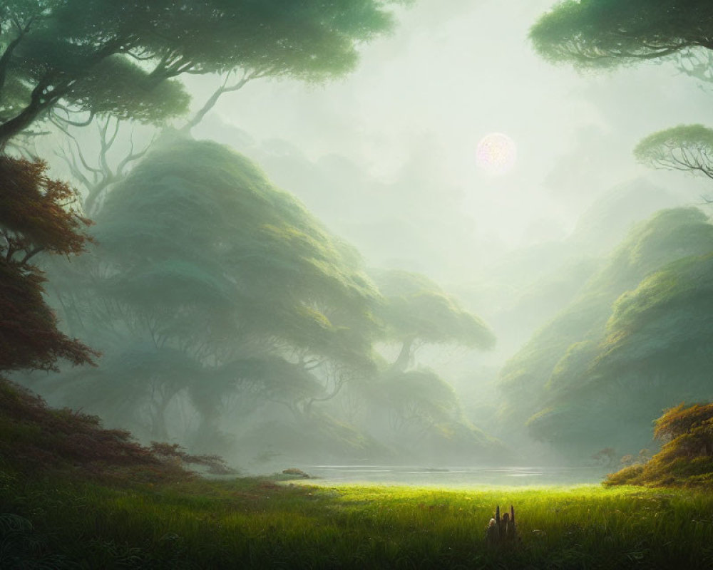 Misty forest scene with lush green canopy and glowing sun