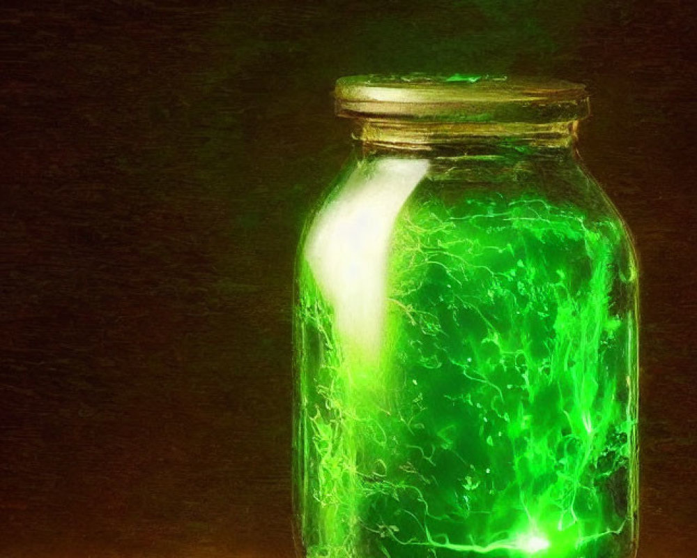 Glowing Green Energy in Glass Jar on Dark Background