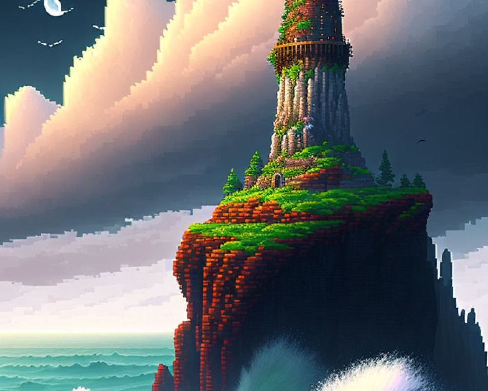 Pixel art of ancient tower on cliff overlooking turbulent sea