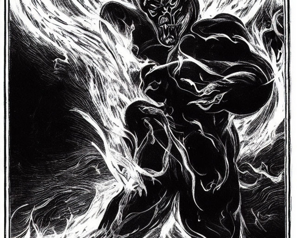 Monochrome illustration of muscular figure in dynamic energy swirls