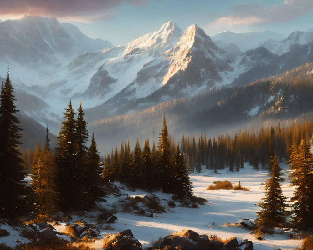 Snowy Mountain Landscape with Pine Trees and Meandering Stream in Golden Hour