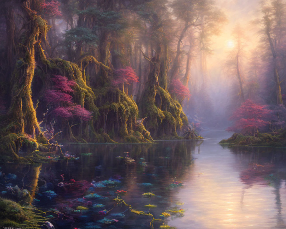 Mystical forest with pink foliage and calm river