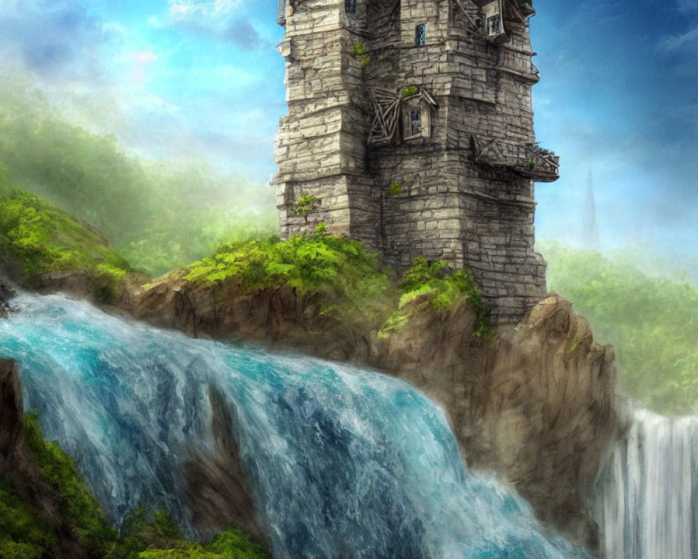 Mystical stone tower on rocky cliff with waterfall and lush greenery