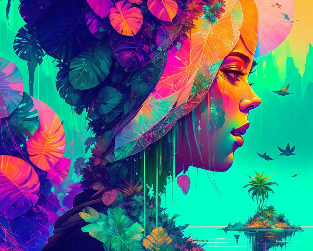 Colorful digital artwork of woman's profile surrounded by tropical elements and birds on neon sunset backdrop