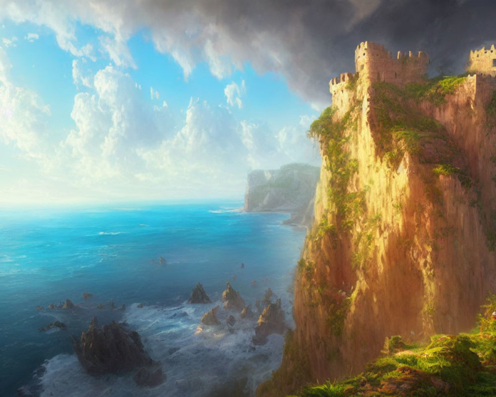 Majestic castle on steep cliff with ocean view