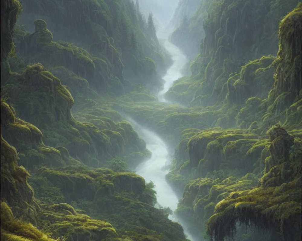 Enchanting forest valley with meandering river and moss-covered cliffs