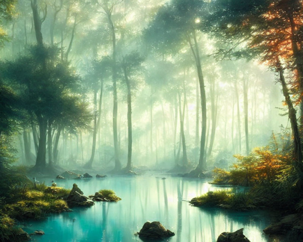 Tranquil forest scene with mist, sunlight, trees, and river