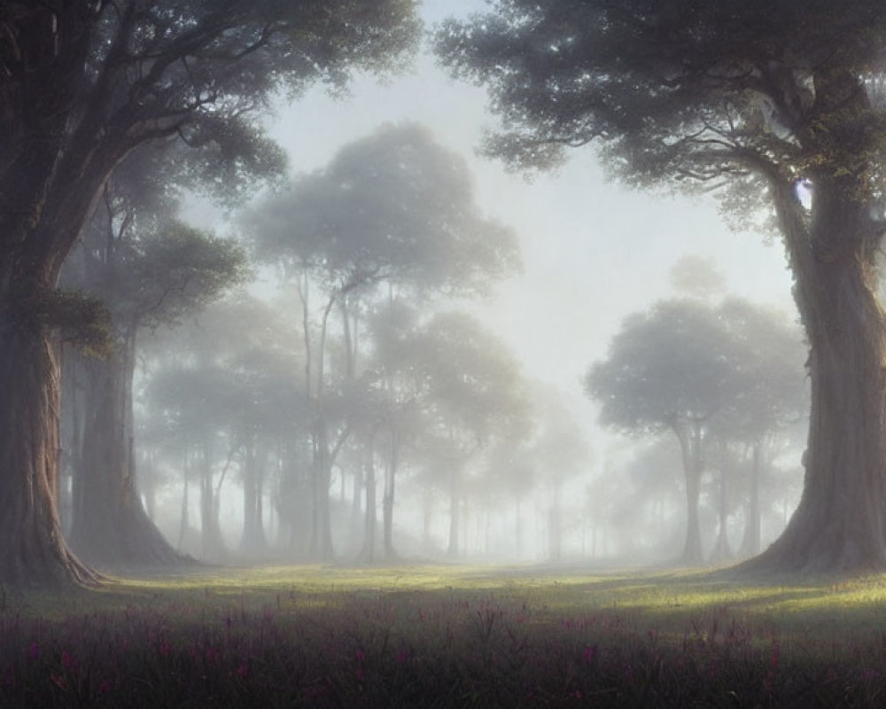 Tranquil Forest Glade with Misty Ambiance and Purple Flowers