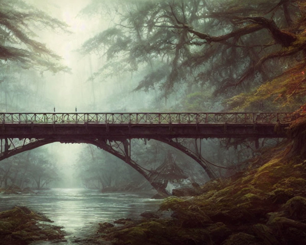 Old Bridge Over Misty River in Serene Forest with Sunlight Filtering Through Moss-Covered Trees
