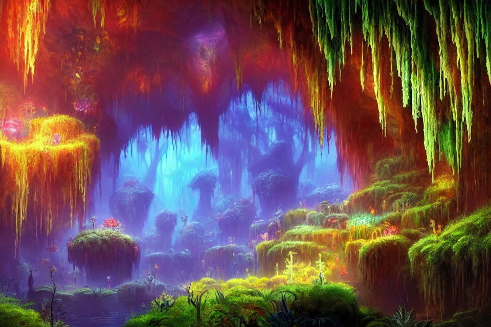 Colorful Fantastical Landscape with Luminous Plants and Ethereal Lighting