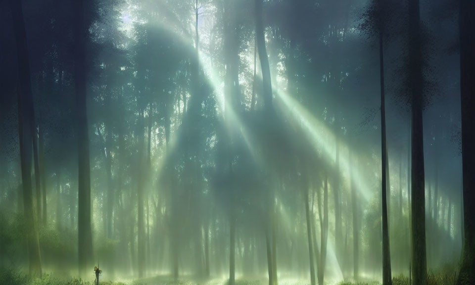 Misty forest scene with sunbeams and solitary figure