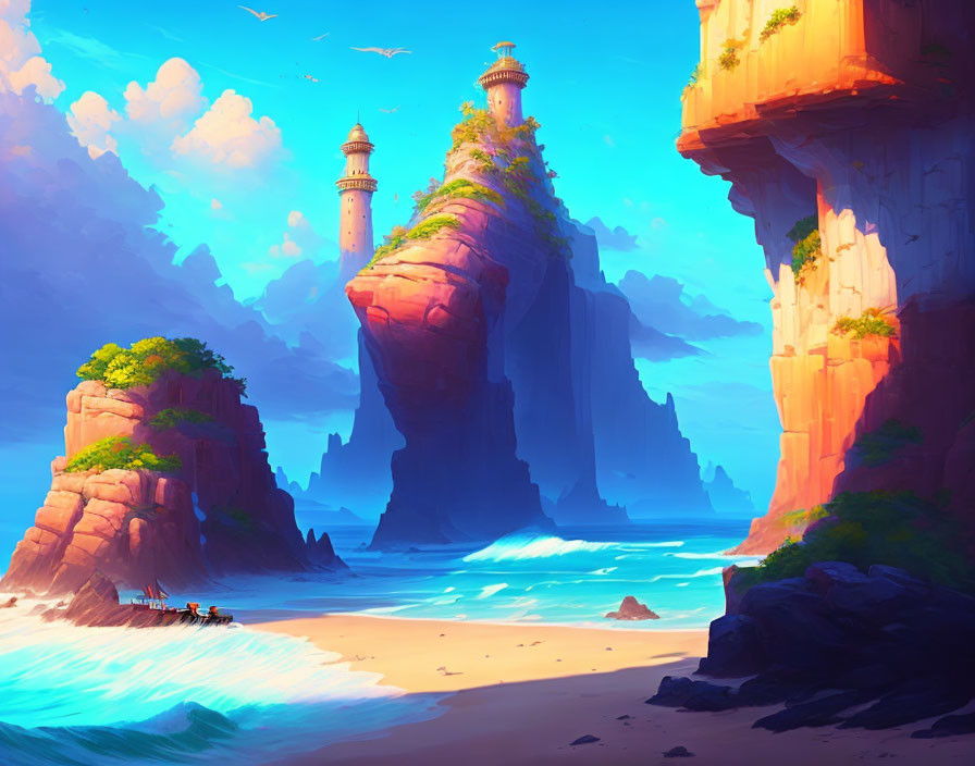 Fantasy Coastal Landscape with Cliffs, Lighthouses, and Beach