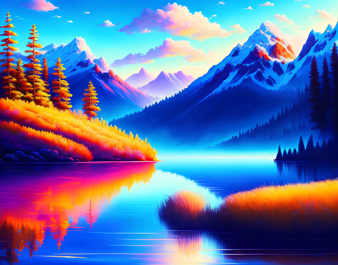 Digital Art: Serene Mountain Landscape with Lake Reflections