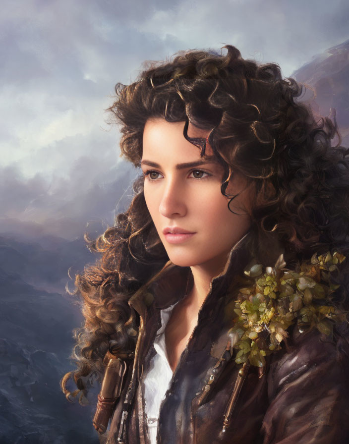 Digital painting of woman with curly hair and yellow blossoms, leather jacket, cloudy backdrop
