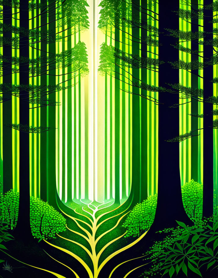 Green forest illustration with tree path to light, featuring tree-like vein patterns.
