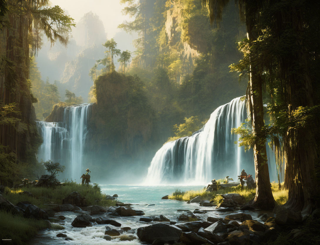 Tranquil river with waterfall, lush trees, and sunbeams in serene landscape