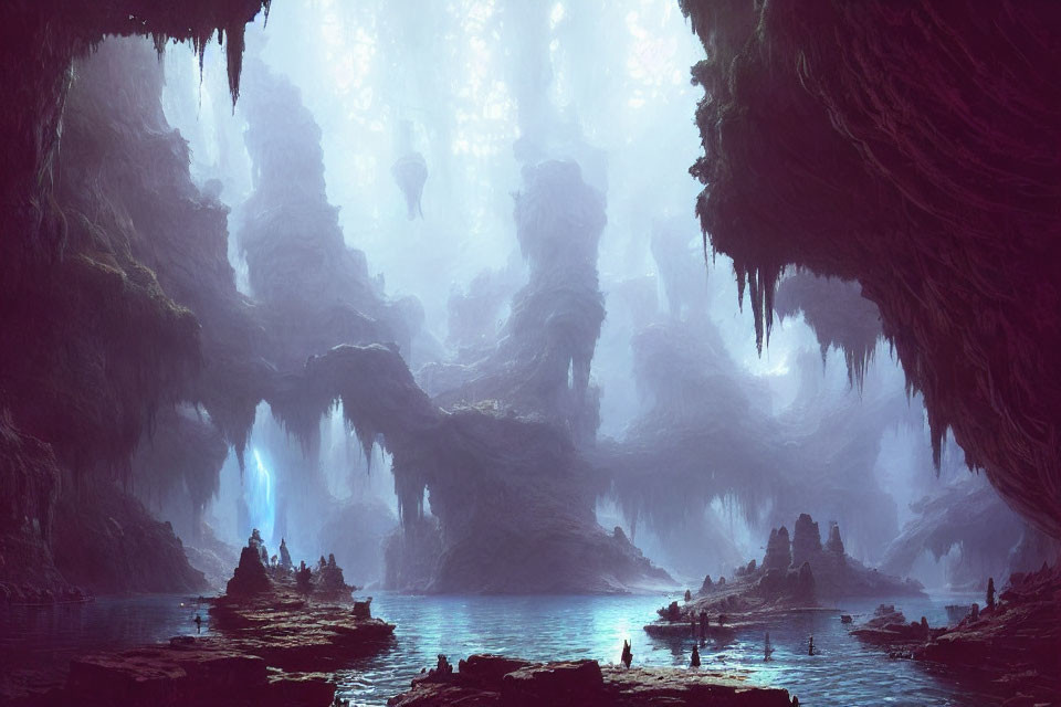 Majestic cave with towering columns and blue light, water reflections, shadowy figures in boats