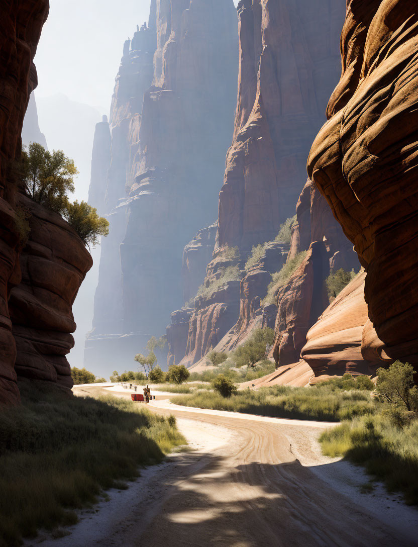 Desert landscape with red sandstone cliffs and winding dirt road