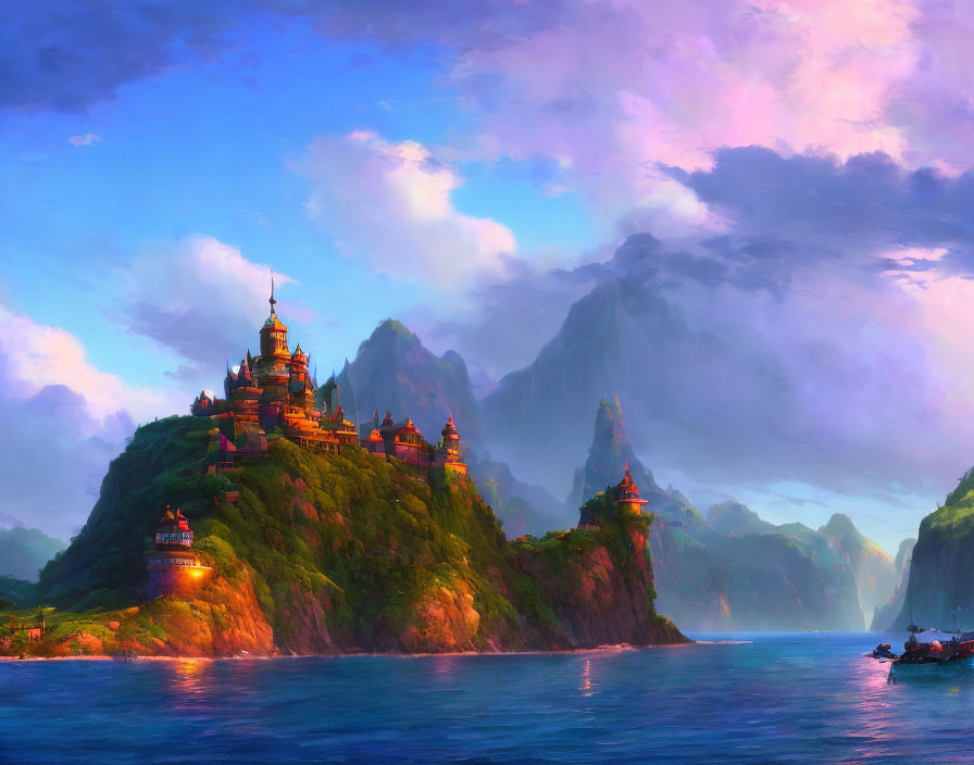 Majestic castle on lush green cliff by tranquil sea at sunrise or sunset