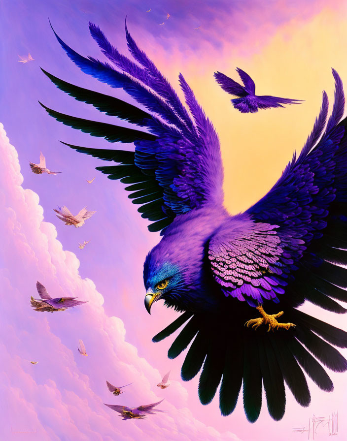 Purple eagle soaring with outstretched wings in sunset sky