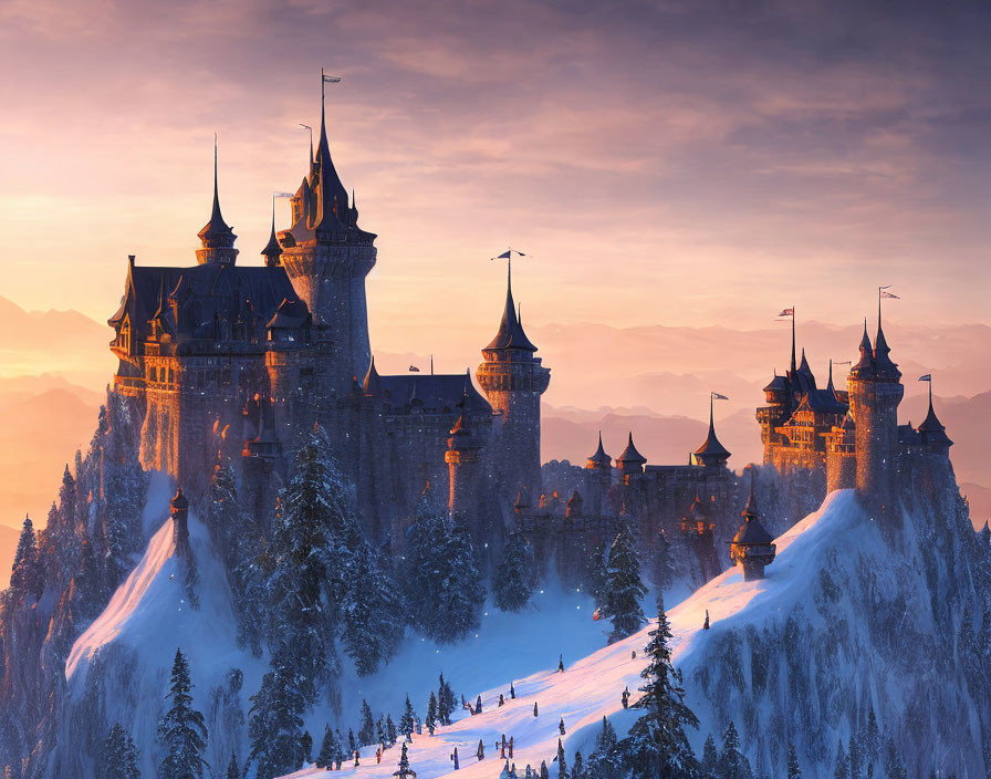 Snowy hill castle with spires in serene winter landscape