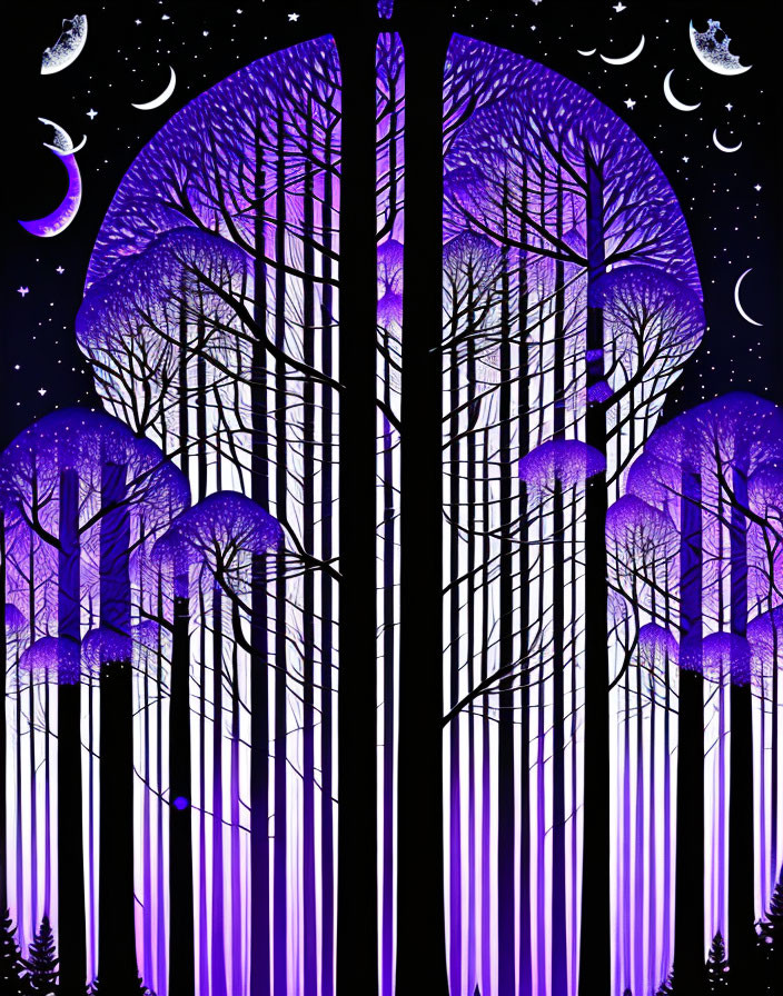 Mystical forest at night with tall trees and moon phases