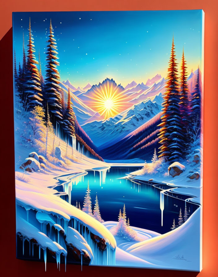 Winter landscape painting: snow-covered trees, mountains, lake, starry sky