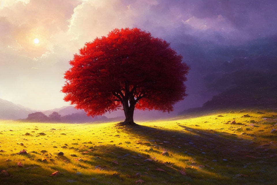 Vibrant red tree in sunlit meadow with yellow flowers under dramatic sky