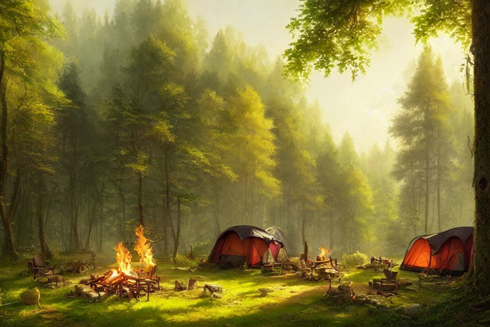 Tranquil Campsite with Tents and Campfire in Sunlit Forest