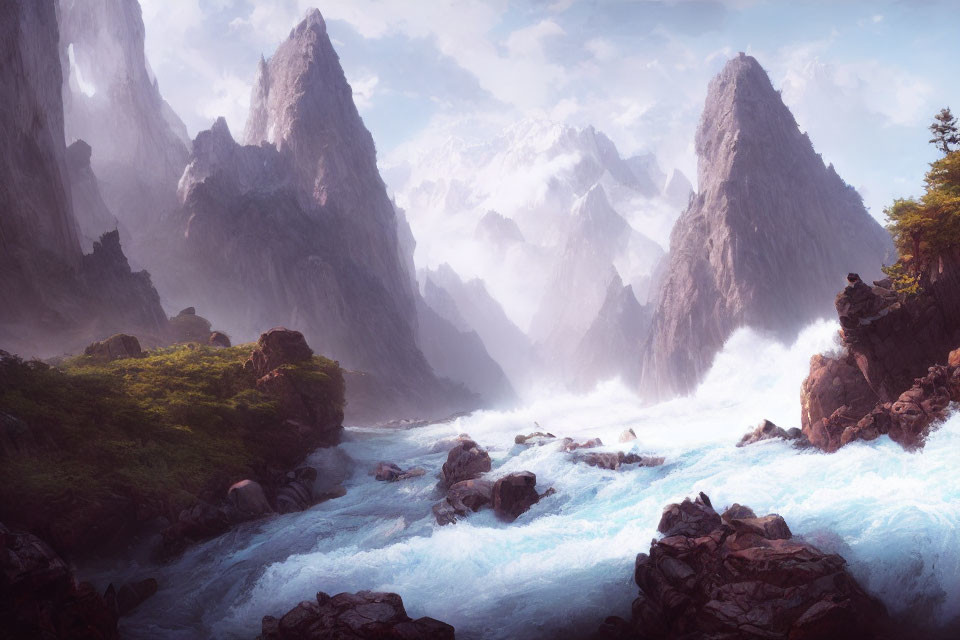 Scenic mountain landscape with turbulent river, rocky terrain, forest, and hazy sky