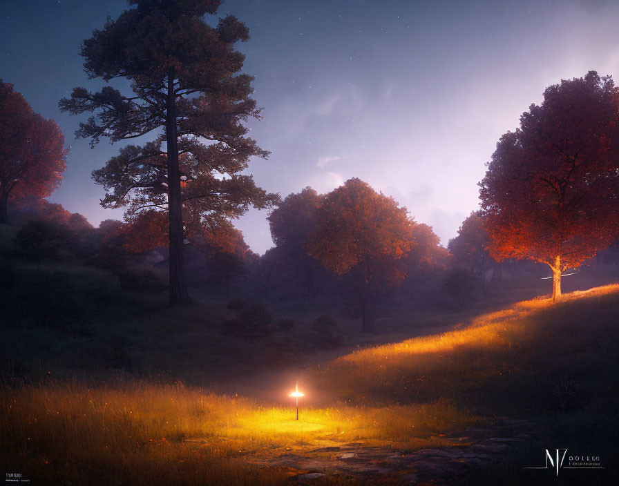 Tranquil twilight forest scene with glowing lamp on path