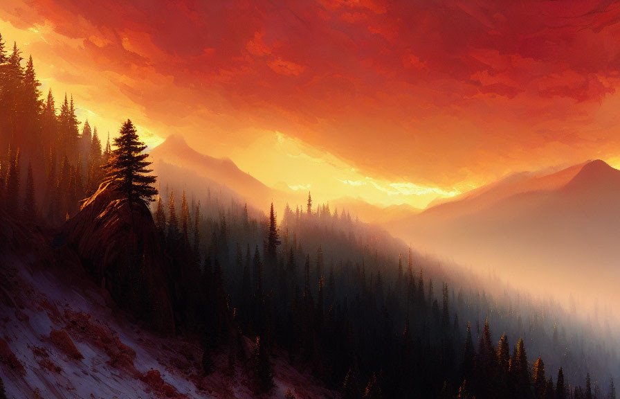 Vibrant orange and red sunset over misty mountain landscape