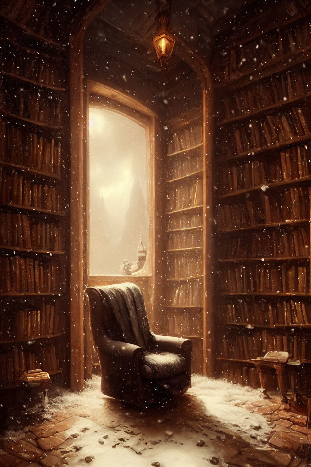 Warmly lit wooden library with leather armchair and snowflakes entering through open door