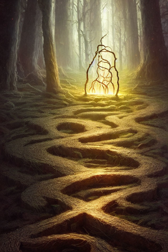 Mysterious Glowing Portal in Dark Forest with Intricate Roots