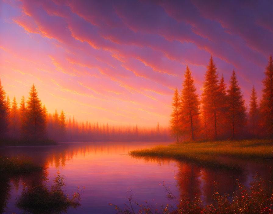 Vivid purple and orange sunset over calm river and autumn trees